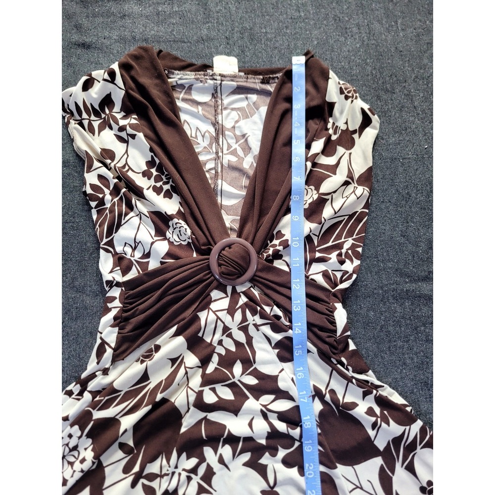 Vintage 90s Y2K Brown White Floral Dress La Belle Stretch Tropical S V Neck - Picture 12 of 12